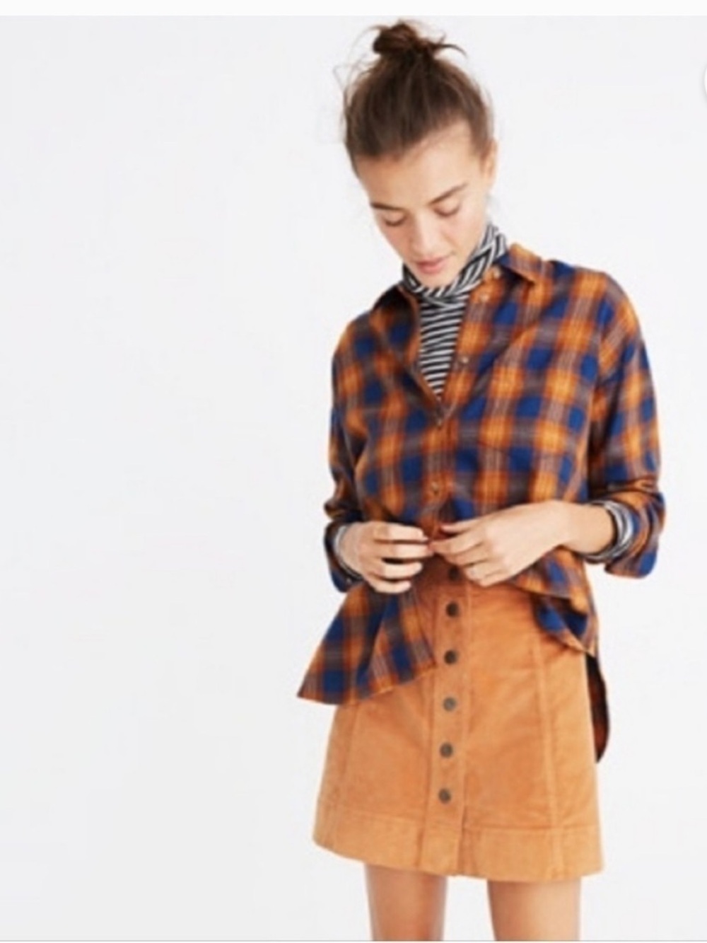 Madewell Cropped Orange and Blue Plaid Shirt